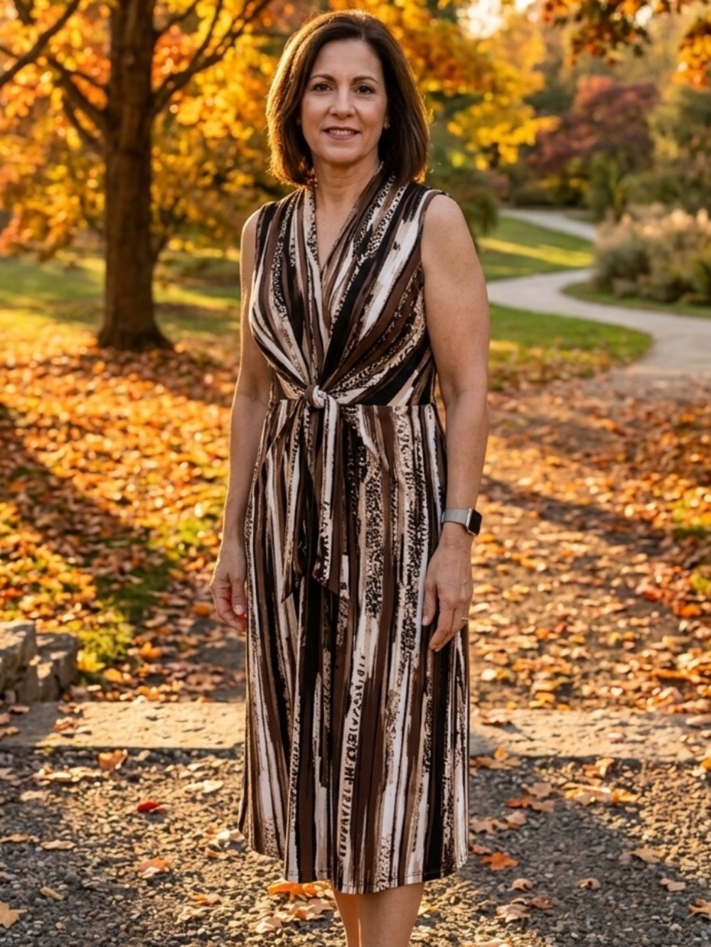 Dana Buchman Shades of Brown Fall Striped Sleeveless Midi Dress with Tie Front